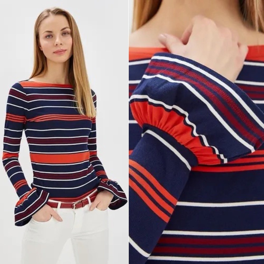 Lauren Ralph Lauren Sz XL Striped‎ Boatneck Top Bell Sleeve Cotton Blouse Preppy